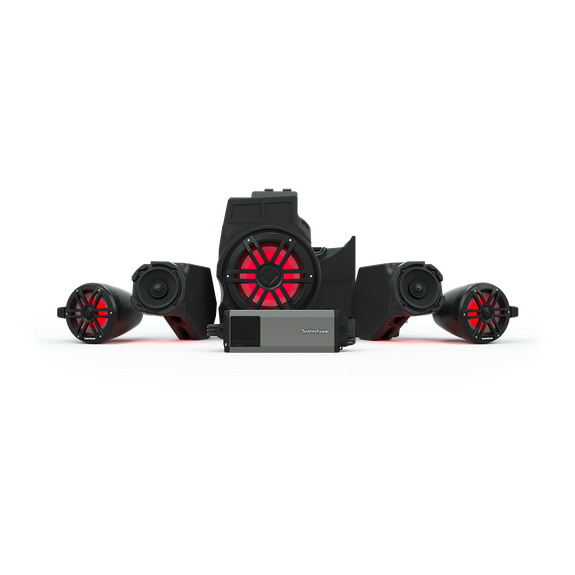 Imagen de sistema de audio Rockford Fosgate para UTV, RZR y X3, compatible con Polaris y Can-Am, ideal para aventuras offroad y rutas todoterreno.