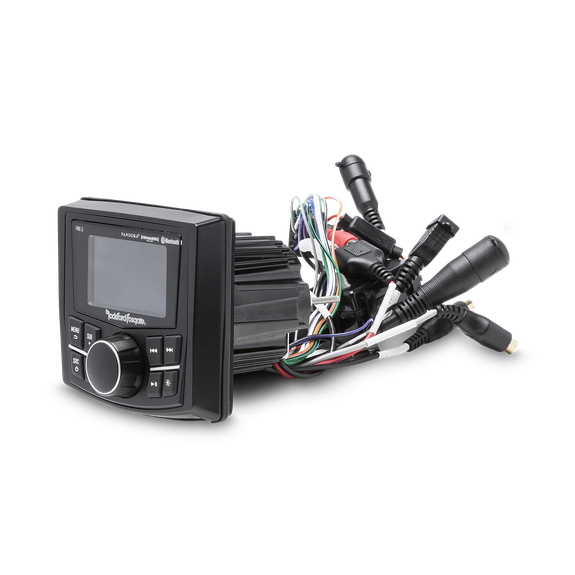 Imagen de sistema de audio Rockford Fosgate para UTV, RZR y X3, compatible con Polaris y Can-Am, ideal para aventuras offroad y rutas todoterreno.
