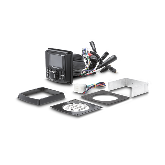 Imagen de sistema de audio Rockford Fosgate para UTV, RZR y X3, compatible con Polaris y Can-Am, ideal para aventuras offroad y rutas todoterreno.
